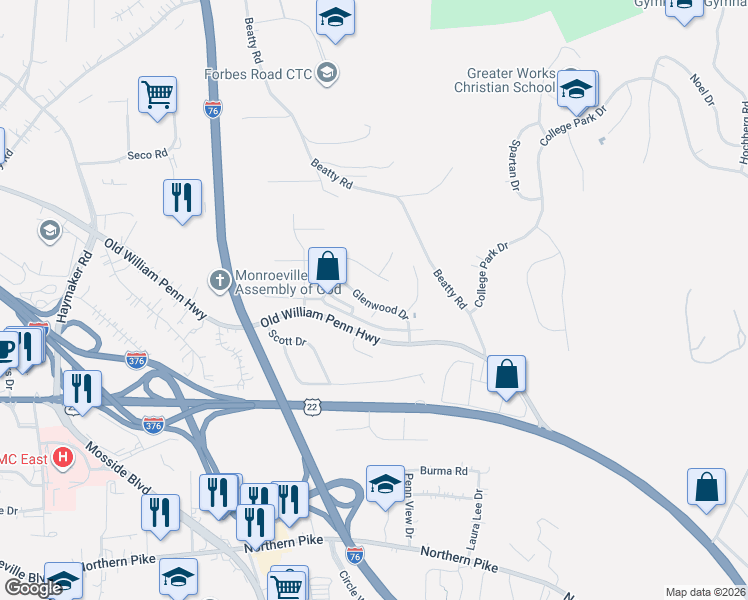 map of restaurants, bars, coffee shops, grocery stores, and more near 529 Lakewood Drive in Monroeville
