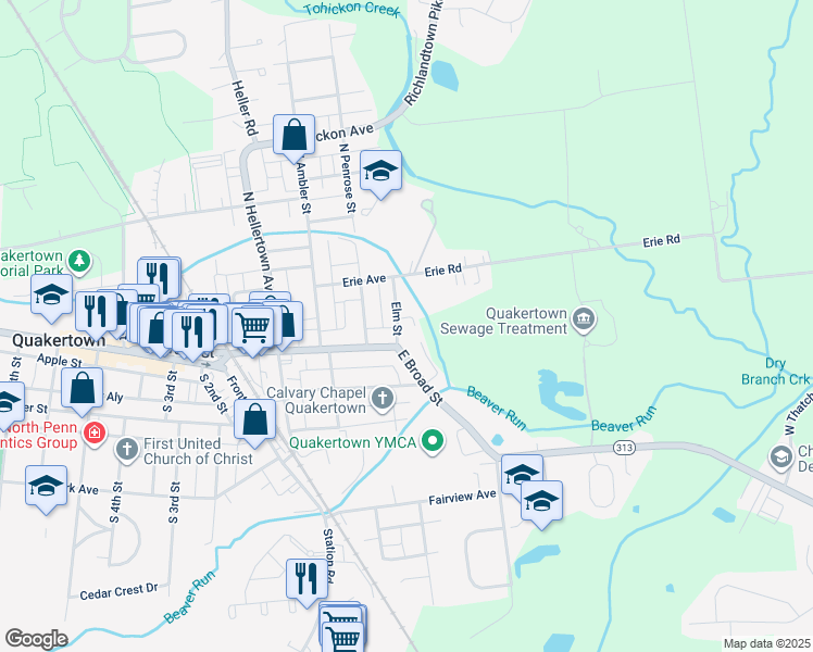 map of restaurants, bars, coffee shops, grocery stores, and more near 15 Elm Street in Quakertown