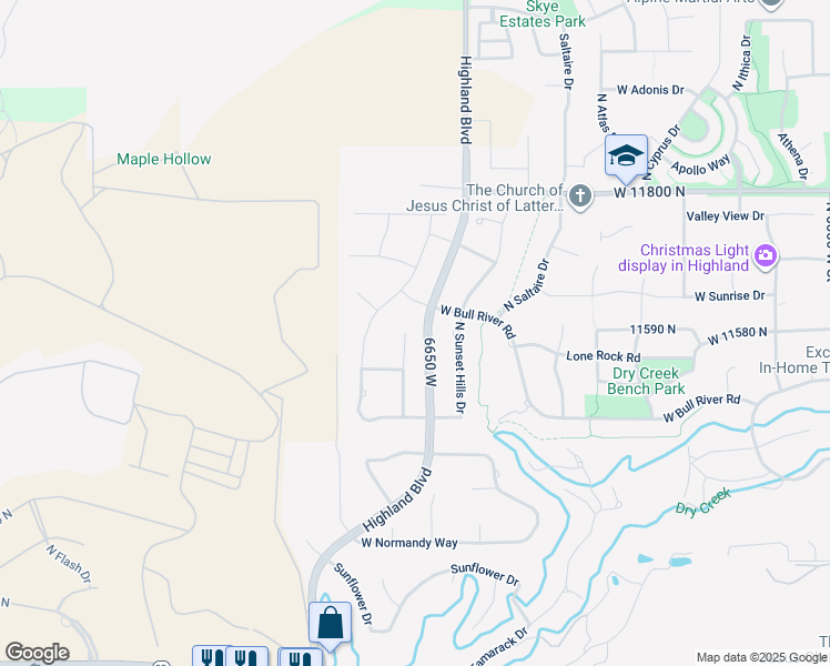 map of restaurants, bars, coffee shops, grocery stores, and more near 11572 North Maple Hollow Court in Highland