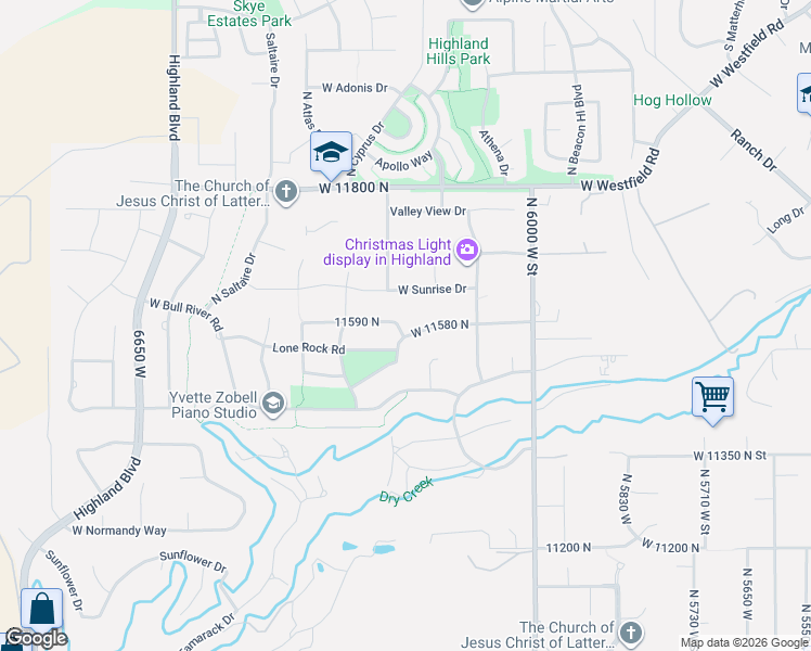 map of restaurants, bars, coffee shops, grocery stores, and more near 6208 Skyline Drive North in Highland