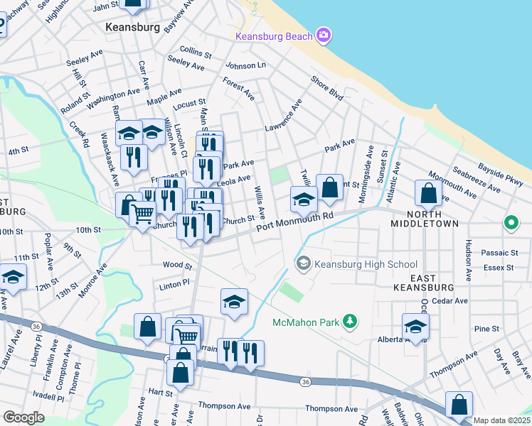 map of restaurants, bars, coffee shops, grocery stores, and more near 75 Port Monmouth Road in Keansburg