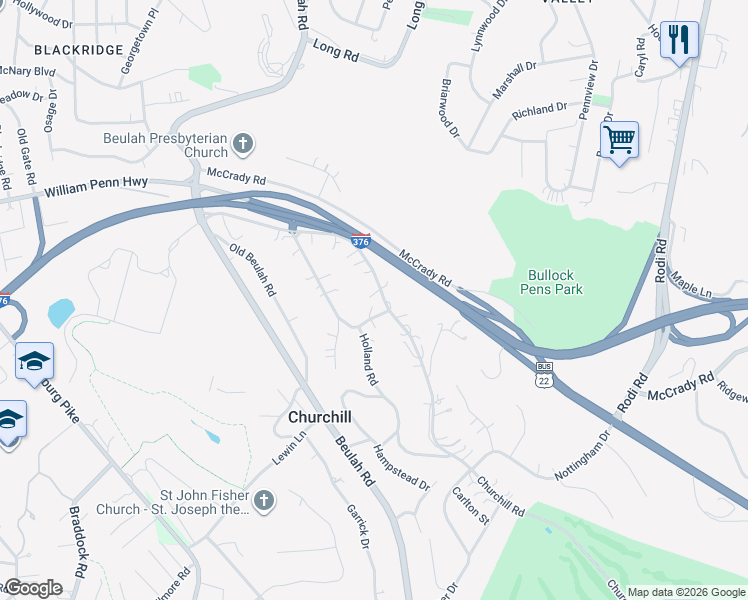 map of restaurants, bars, coffee shops, grocery stores, and more near 20 Churchill Road in Pittsburgh
