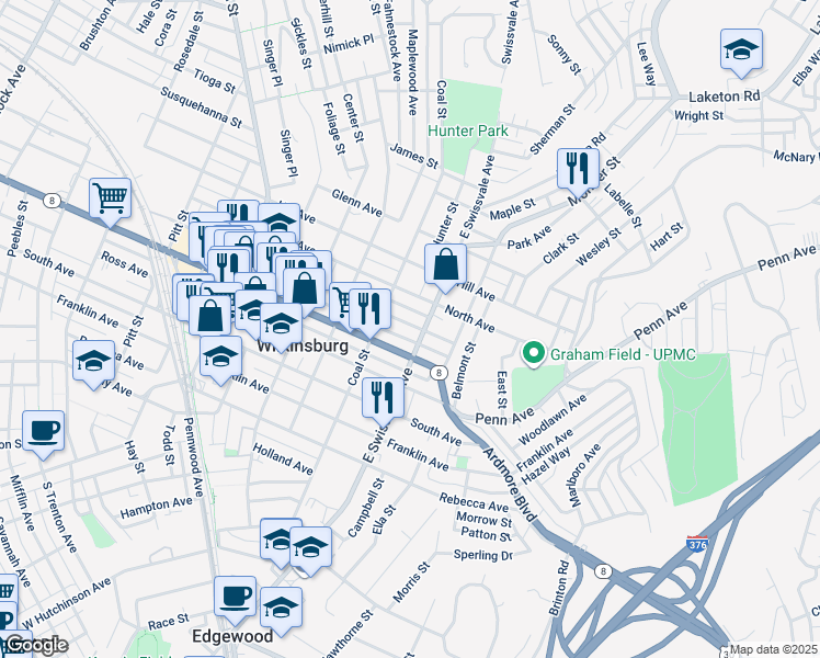 map of restaurants, bars, coffee shops, grocery stores, and more near 1036 Pennsylvania 8 in Pittsburgh