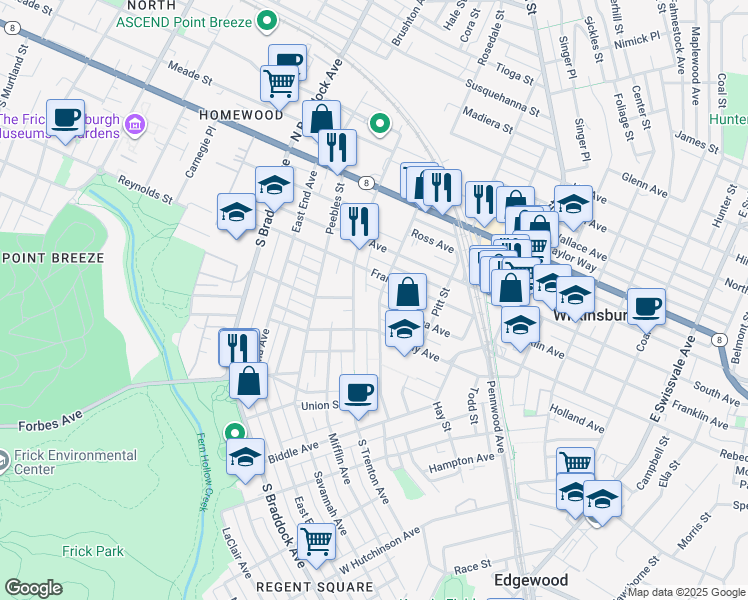 map of restaurants, bars, coffee shops, grocery stores, and more near 467 South Trenton Avenue in Pittsburgh