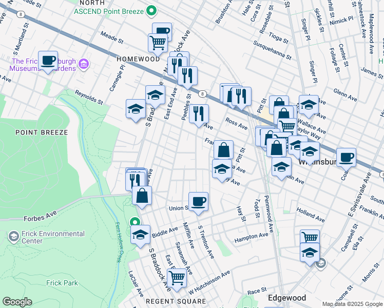 map of restaurants, bars, coffee shops, grocery stores, and more near in Wilkinsburg