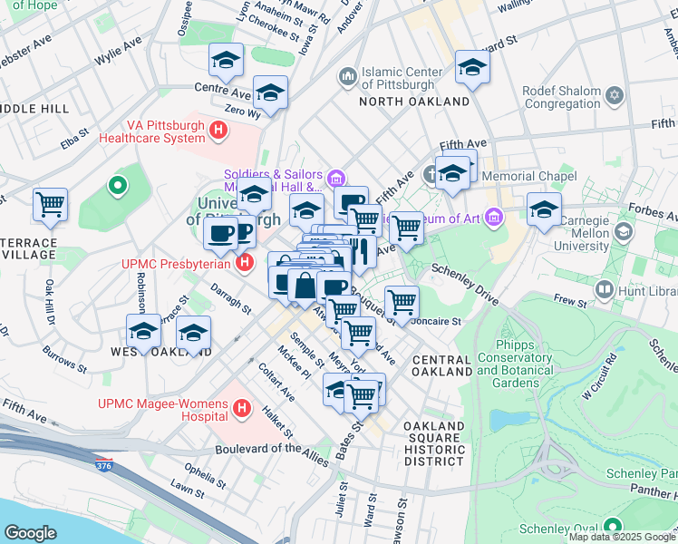 map of restaurants, bars, coffee shops, grocery stores, and more near 210 South Bouquet Street in Pittsburgh