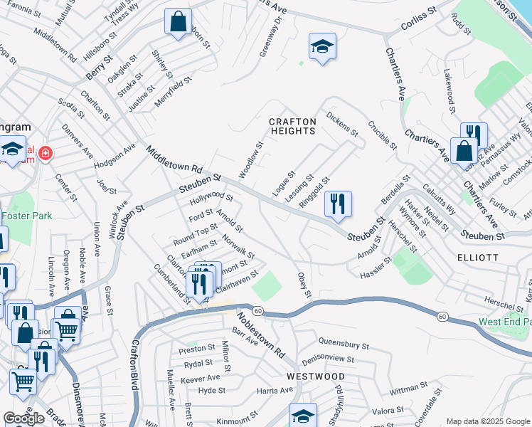 map of restaurants, bars, coffee shops, grocery stores, and more near 1453 Obey Street in Pittsburgh