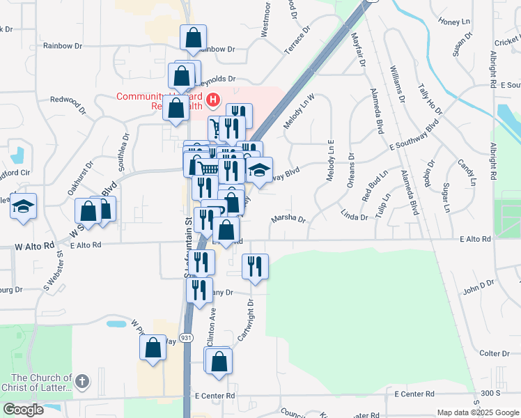 map of restaurants, bars, coffee shops, grocery stores, and more near 609 Marsha Court in Kokomo
