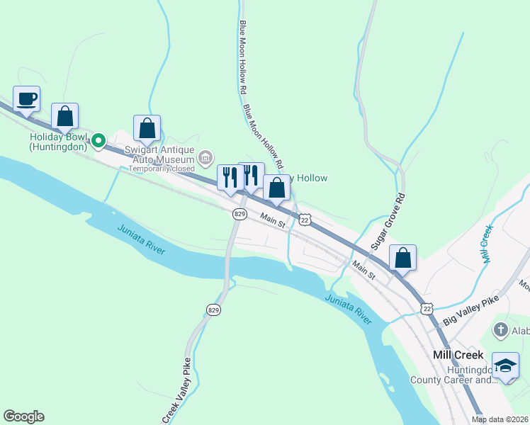 map of restaurants, bars, coffee shops, grocery stores, and more near 9505 Main Street in Huntingdon