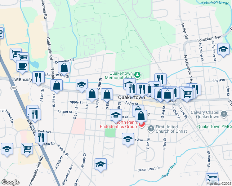 map of restaurants, bars, coffee shops, grocery stores, and more near 717 West Broad Street in Quakertown