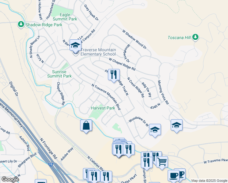map of restaurants, bars, coffee shops, grocery stores, and more near 4394 North Foxtrail Circle in Lehi