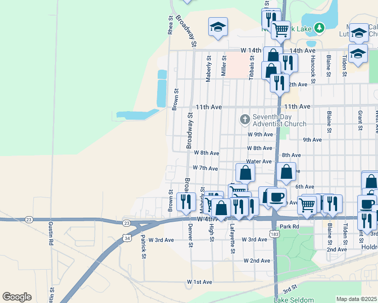 map of restaurants, bars, coffee shops, grocery stores, and more near 800 Broadway Street in Holdrege
