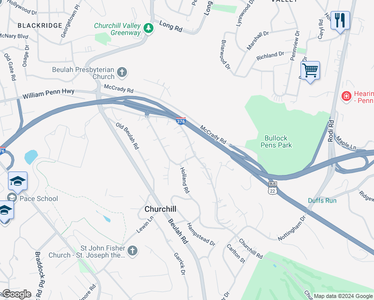 map of restaurants, bars, coffee shops, grocery stores, and more near 20 Churchill Road in Pittsburgh