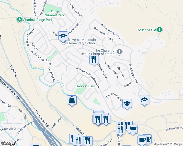 map of restaurants, bars, coffee shops, grocery stores, and more near 4443 Fox Trail Drive in Lehi