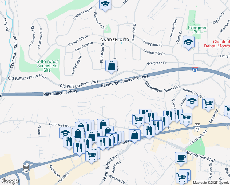 map of restaurants, bars, coffee shops, grocery stores, and more near 43 Eagle Ridge Drive in Monroeville