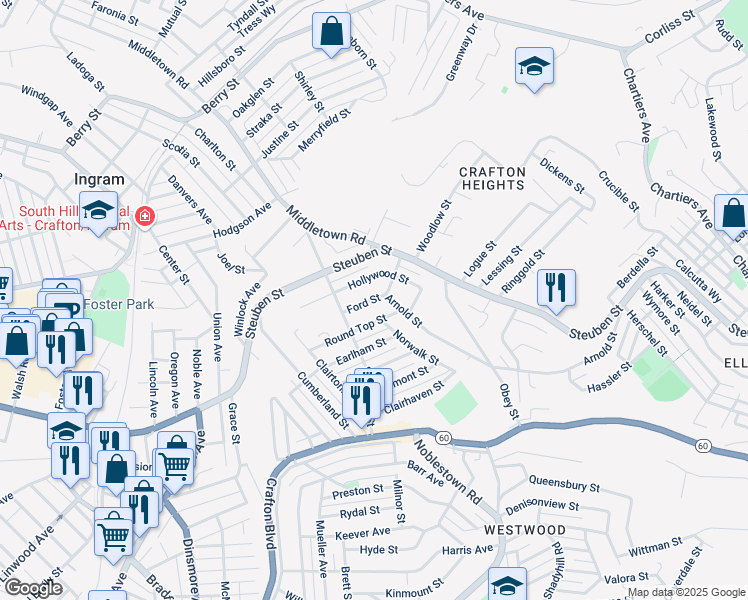 map of restaurants, bars, coffee shops, grocery stores, and more near 415 Ford Street in Pittsburgh