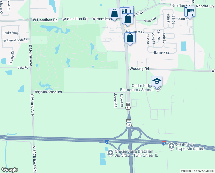 map of restaurants, bars, coffee shops, grocery stores, and more near 201 Brigham School Road in Bloomington