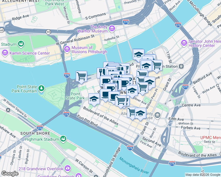 map of restaurants, bars, coffee shops, grocery stores, and more near in Pittsburgh