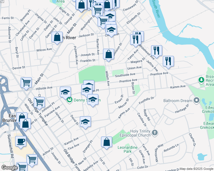 map of restaurants, bars, coffee shops, grocery stores, and more near 156 Willett Avenue in South River
