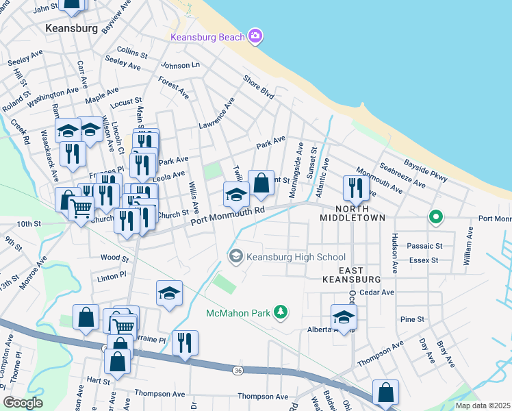 map of restaurants, bars, coffee shops, grocery stores, and more near 1 Beacon Terrace in Keansburg