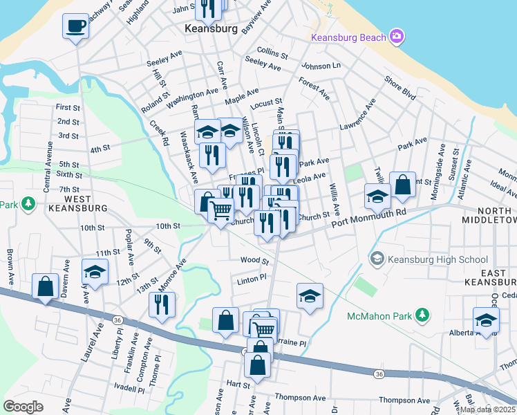 map of restaurants, bars, coffee shops, grocery stores, and more near 348 Carr Avenue in Keansburg