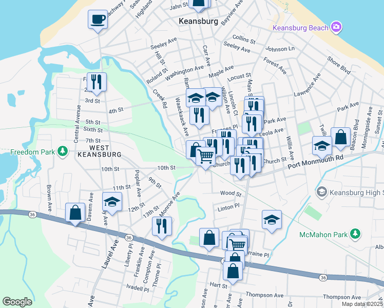 map of restaurants, bars, coffee shops, grocery stores, and more near 161 Ramsey Avenue in Keansburg
