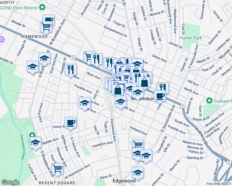 map of restaurants, bars, coffee shops, grocery stores, and more near 901 Wood Street in Pittsburgh