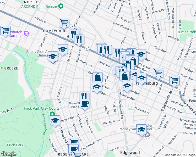 map of restaurants, bars, coffee shops, grocery stores, and more near 419 Franklin Avenue in Pittsburgh