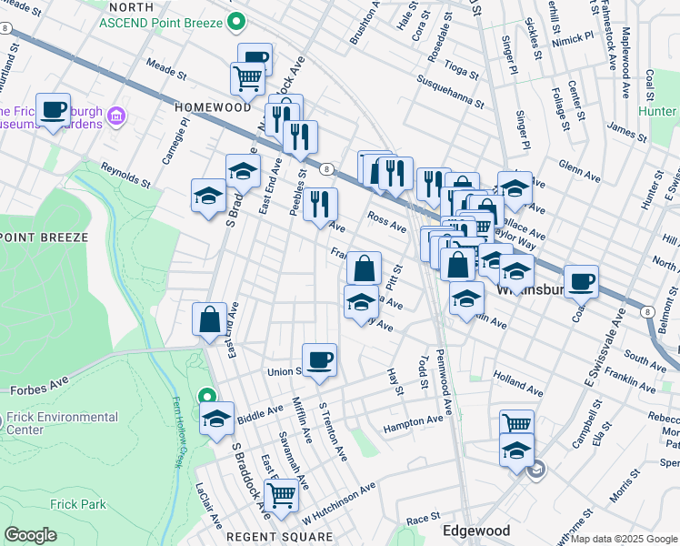 map of restaurants, bars, coffee shops, grocery stores, and more near 318 Franklin Avenue in Pittsburgh