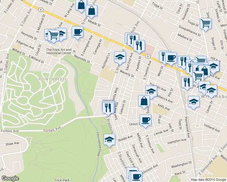 map of restaurants, bars, coffee shops, grocery stores, and more near 7612 Edgerton Avenue in Pittsburgh