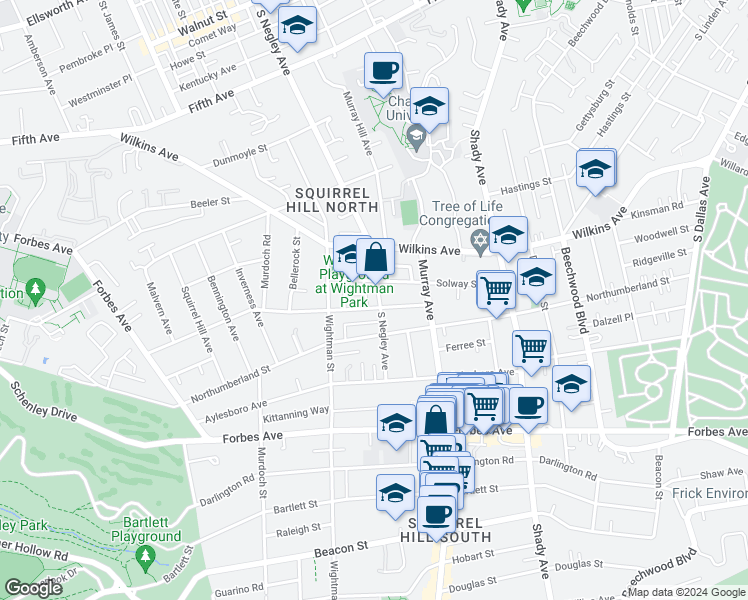 map of restaurants, bars, coffee shops, grocery stores, and more near 1326 South Negley Avenue in Pittsburgh