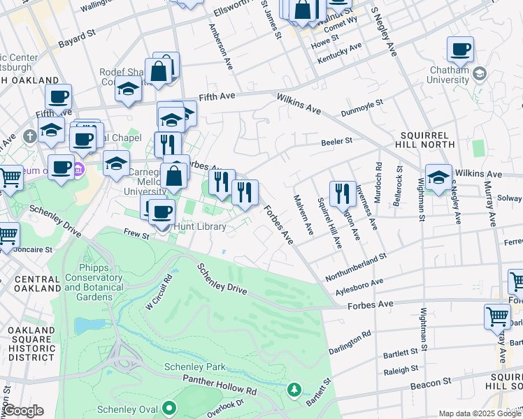 map of restaurants, bars, coffee shops, grocery stores, and more near 5160 Forbes Avenue in Pittsburgh