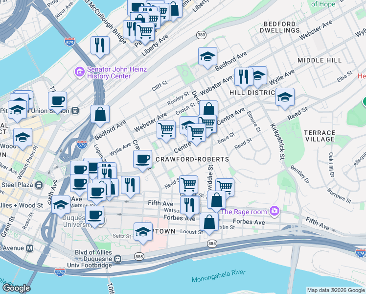 map of restaurants, bars, coffee shops, grocery stores, and more near in Pittsburgh