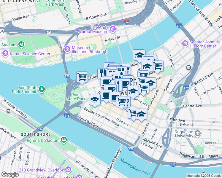 map of restaurants, bars, coffee shops, grocery stores, and more near in Pittsburgh