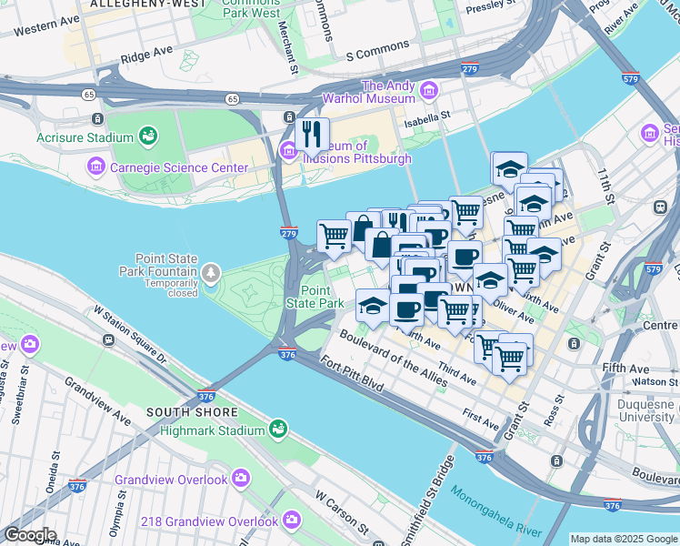 map of restaurants, bars, coffee shops, grocery stores, and more near Fort Duquesne Boulevard in Pittsburgh