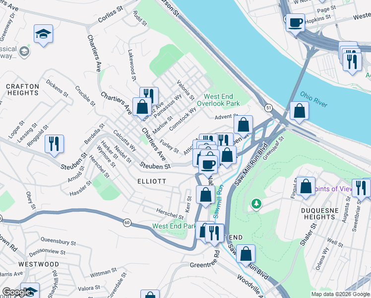 map of restaurants, bars, coffee shops, grocery stores, and more near 127 Herndon Street in Pittsburgh