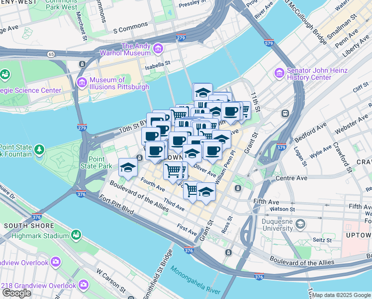 map of restaurants, bars, coffee shops, grocery stores, and more near 680 Liberty Avenue in Pittsburgh