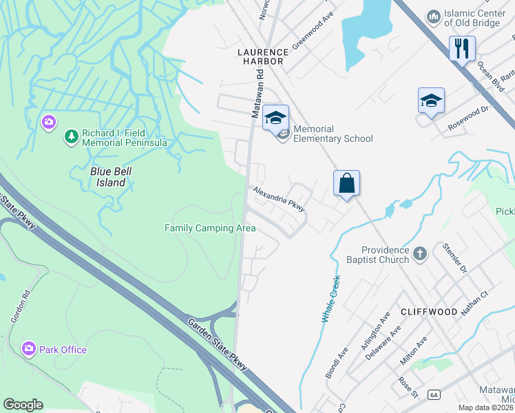 map of restaurants, bars, coffee shops, grocery stores, and more near 18 Linda Court in South Amboy