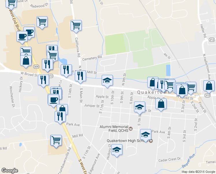 map of restaurants, bars, coffee shops, grocery stores, and more near 1013 West Broad Street in Quakertown
