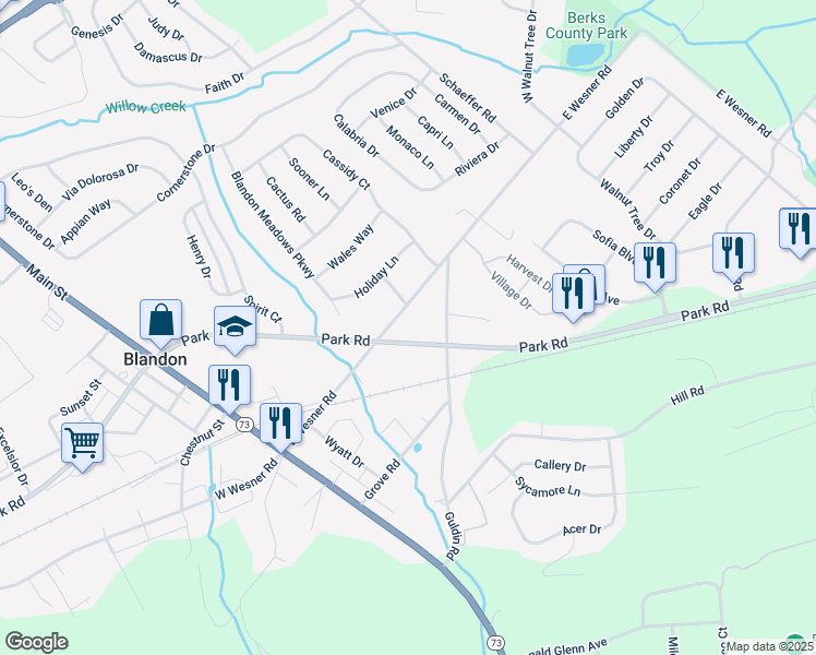 map of restaurants, bars, coffee shops, grocery stores, and more near 218 East Wesner Road in Blandon