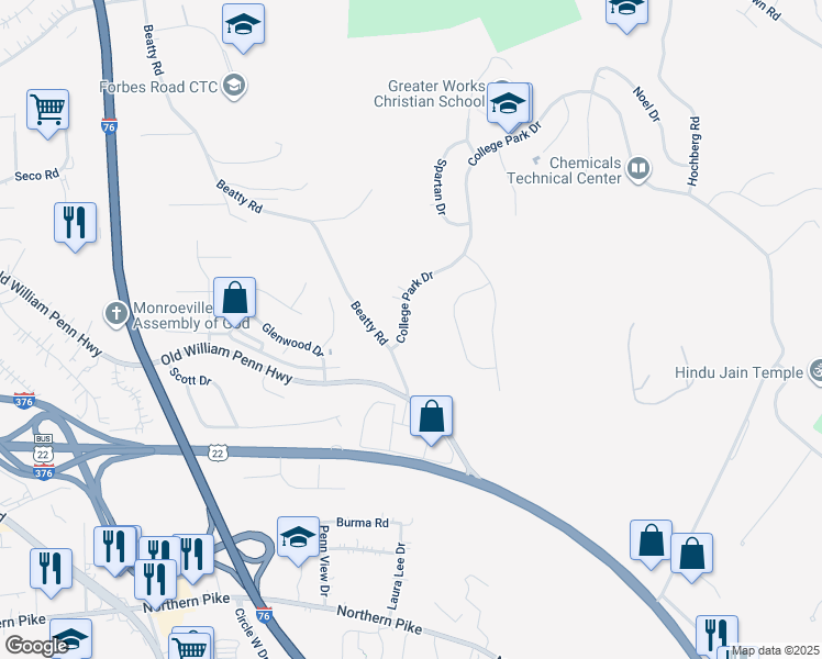 map of restaurants, bars, coffee shops, grocery stores, and more near 106 College Park Drive in Monroeville