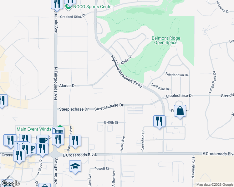map of restaurants, bars, coffee shops, grocery stores, and more near 6900 Steeplechase Drive in Windsor