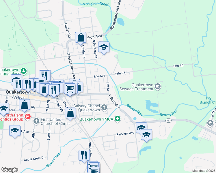 map of restaurants, bars, coffee shops, grocery stores, and more near 15 Elm Street in Quakertown