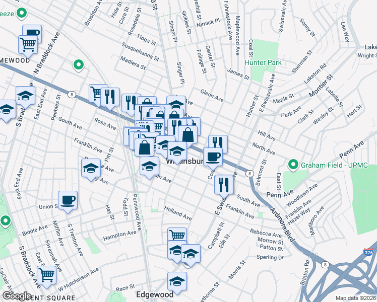 map of restaurants, bars, coffee shops, grocery stores, and more near 800 Penn Avenue in Pittsburgh