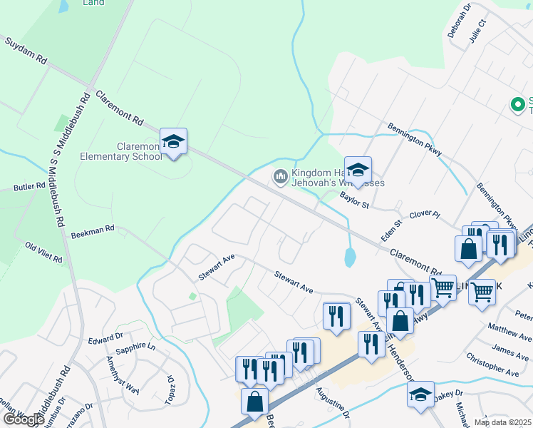 map of restaurants, bars, coffee shops, grocery stores, and more near 128 Pear Tree Lane in Franklin Township