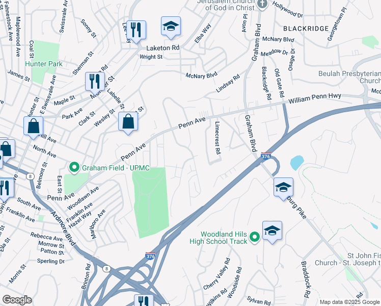 map of restaurants, bars, coffee shops, grocery stores, and more near 7513 Penn Bridge Court in Pittsburgh