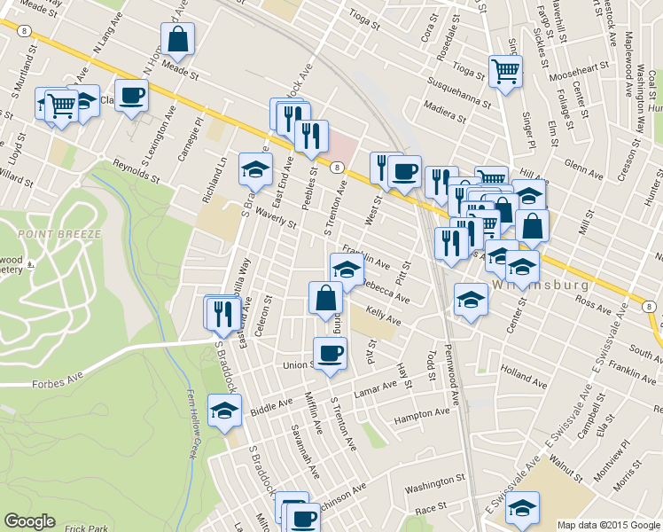 map of restaurants, bars, coffee shops, grocery stores, and more near 318 Franklin Avenue in Pittsburgh