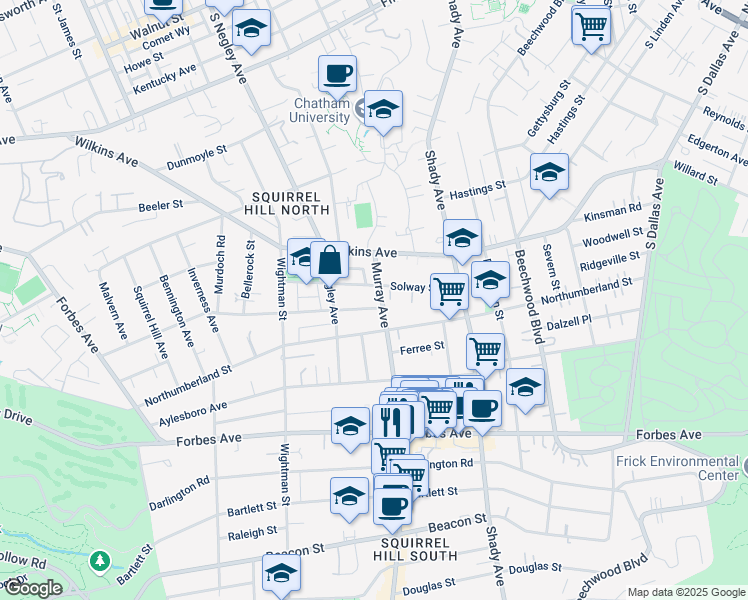 map of restaurants, bars, coffee shops, grocery stores, and more near 5733 Solway Street in Pittsburgh