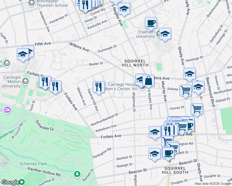map of restaurants, bars, coffee shops, grocery stores, and more near 1323 Murdoch Road in Pittsburgh