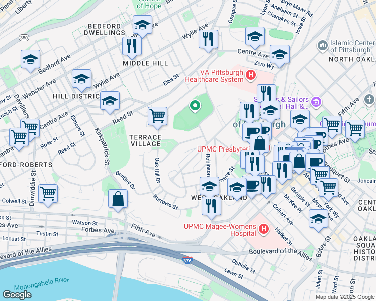 map of restaurants, bars, coffee shops, grocery stores, and more near 425 Eckstein Place in Pittsburgh
